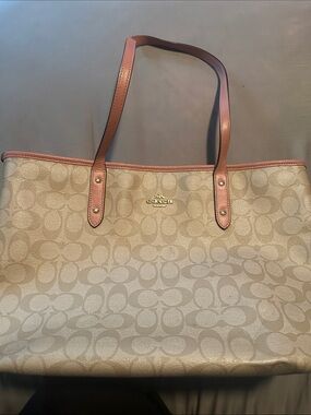 Coach Khaki Signature Canvas Tote with Brown Trim
